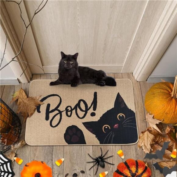 New 17x29" Halloween Door Mat - Black Cat 'Boo' Welcome Mat for‎ Indoor/Outdoor - Picture 2 of 8